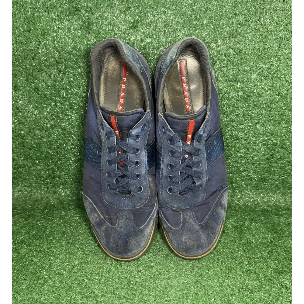PRADA Mens Size 13 US Suede Leather Nylon Shoes Navy Red Stripe‎ Luxury Sneakers - Picture 6 of 14